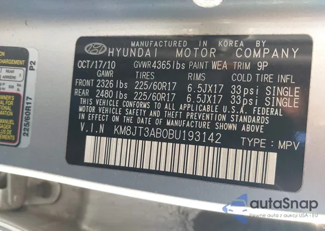 2011 Hyundai Tucson Gl z USA, uszkodzony, nr VIN KM8JT3AB0BU193142